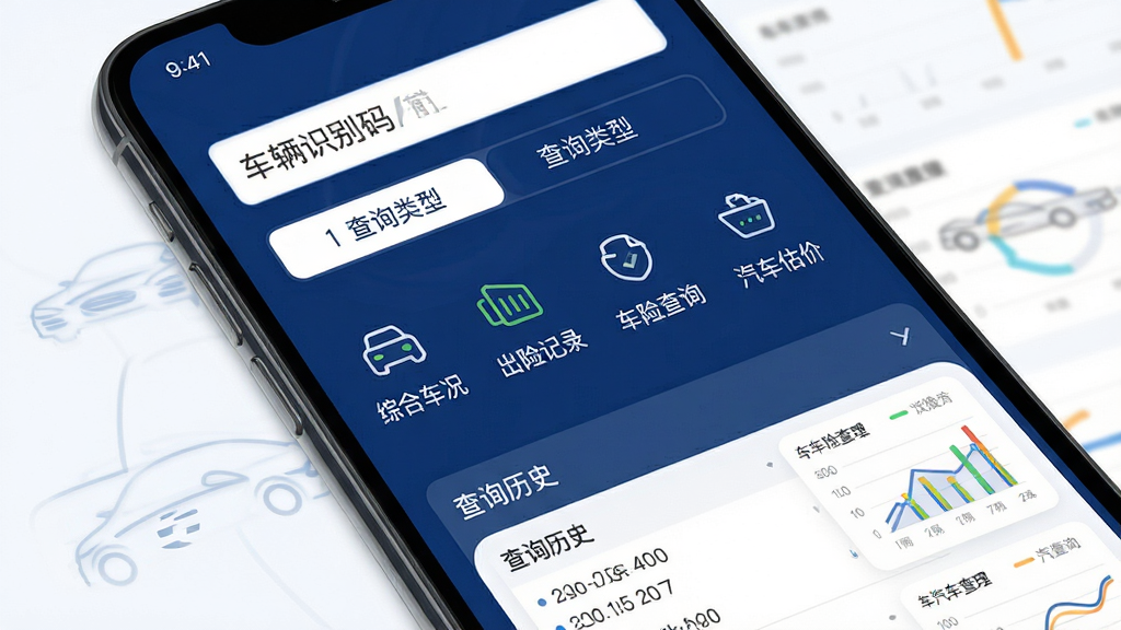 手机屏幕展示车架号车况查询应用界面,主体为深蓝色背景的车辆报告页面,布局上方为车辆识别码输入框与查询类型选项卡,中部为综合车况、出险记录、车险查询、汽车估价四个功能图标,下方为查询历史列表,排版整齐清晰,风格科技简约,细节包含车辆轮廓线条与数据图表,画质高清,干净,无多余元素