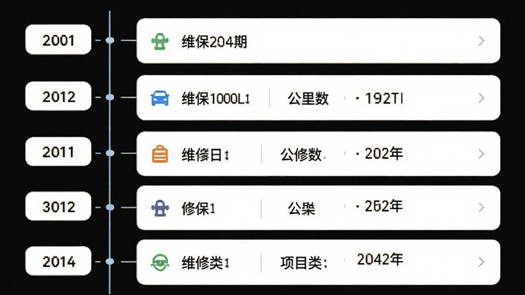 车架号车况查询应用内维保记录页面,主体为白色背景的年份时间轴,布局左侧为年份标签,右侧为维保日期、公里数、维修类型、项目详情卡片,排版纵向列表,风格清新简洁,细节包含小图标与浅灰色分隔线,画质高清,干净,无多余元素