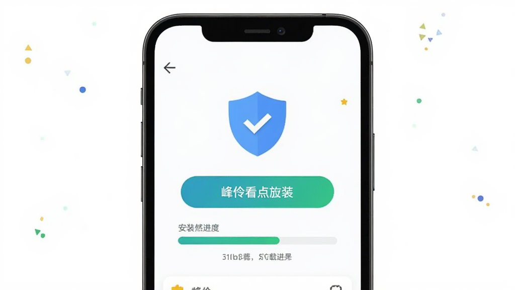 峰伶看点安全下载安装示意图,主体为手机显示下载按钮和安装进度,布局居中,排版清晰,风格简洁,细节包含安全盾牌图标,画质清晰,干净,无多余元素