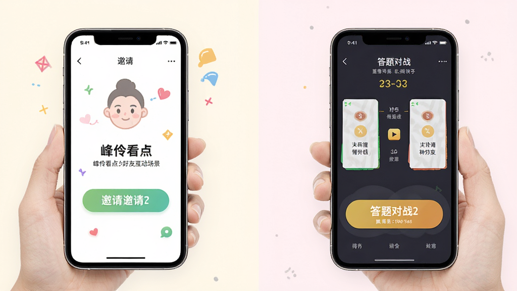 峰伶看点好友邀请互动场景,主体为两部手机展示邀请界面和答题对战页面,布局左右对称,排版活泼,风格社交化,细节包含邀请按钮和得分对比,画质清晰,干净,无多余元素