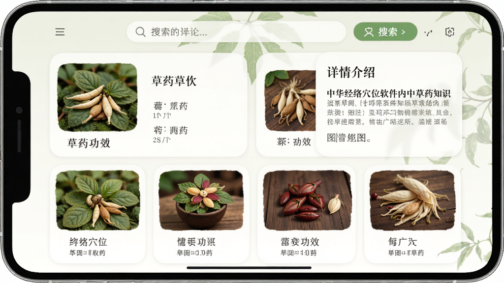 �л�����Ѩλ�������в�ҩ֪ʶҳ�棬����Ϊ��ҩ�б���������ܣ������Ϸ�Ϊ�������·�Ϊͼ�Ŀ�Ƭ���Ű����룬������µ��ţ�ϸ�ڰ�����ҩͼƬ�빦Ч���֣������������ɾ��޶���Ԫ��