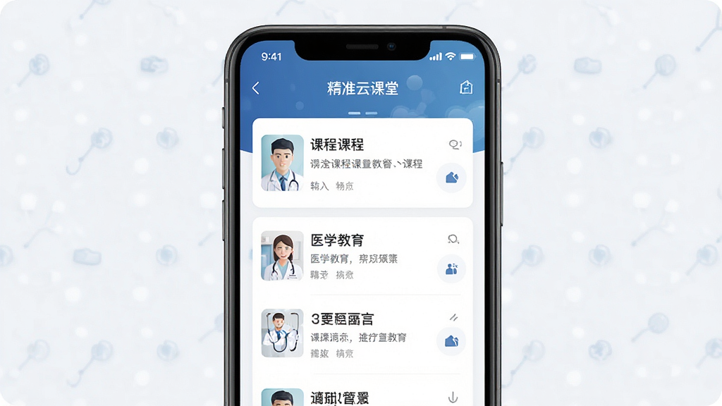 精准云课堂 手机App界面展示 课程列表与医学教育内容 布局清晰 排版整洁 风格专业 细节丰富 画质高清 干净 无多余元素