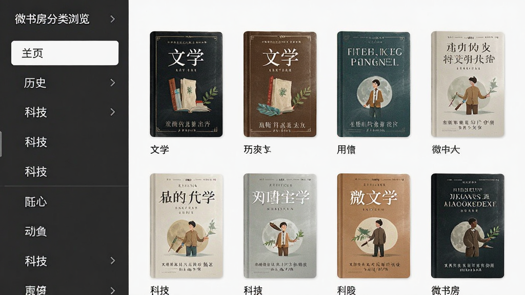 微书房分类浏览页面,界面左侧为分类导航栏,右侧展示图书封面网格,包含文学、历史、科技等标签,排版整齐,风格简约清爽,细节丰富,画质清晰,干净无多余元素
