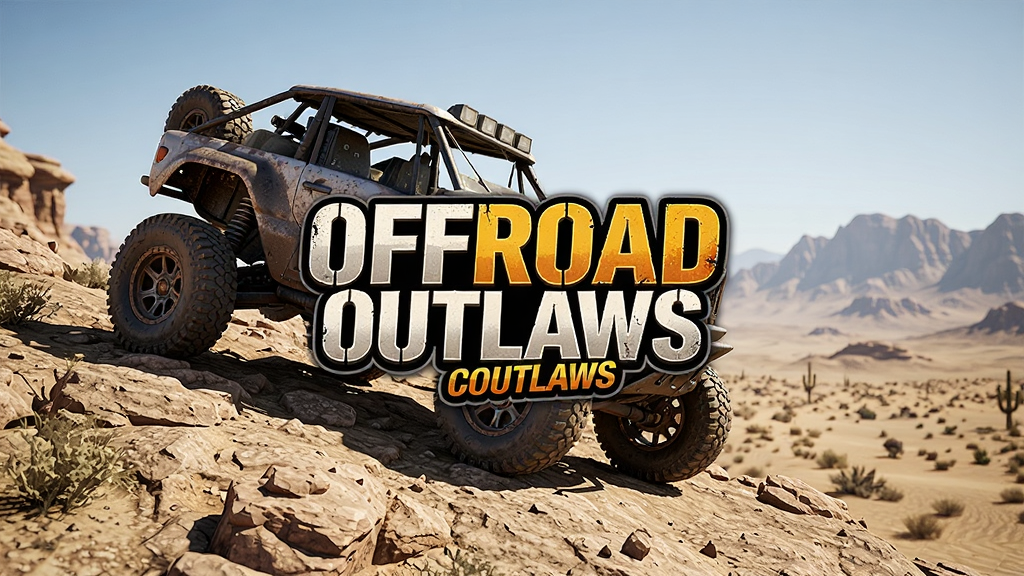 ����ԽҰ��Ϸ Offroad Outlaws ������չʾ��һ����װԽҰ��ͣ����ʯɽ���ϣ�������ɳĮ��Զɽ��������������ϷLogo�����дʵ�����廭�ʣ��ɾ��޶���Ԫ��