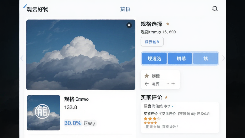 观云好物应用内商品详情页界面,展示商品大图、规格选择按钮、买家评价区域,排版整齐,风格简约,画质清晰,无杂乱元素