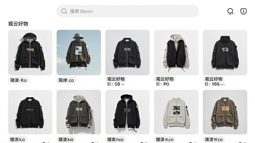 观云好物应用首页展示潮流商品网格布局,顶部搜索栏,简洁白色背景,商品图片清晰,风格现代清新,画质干净,无多余元素