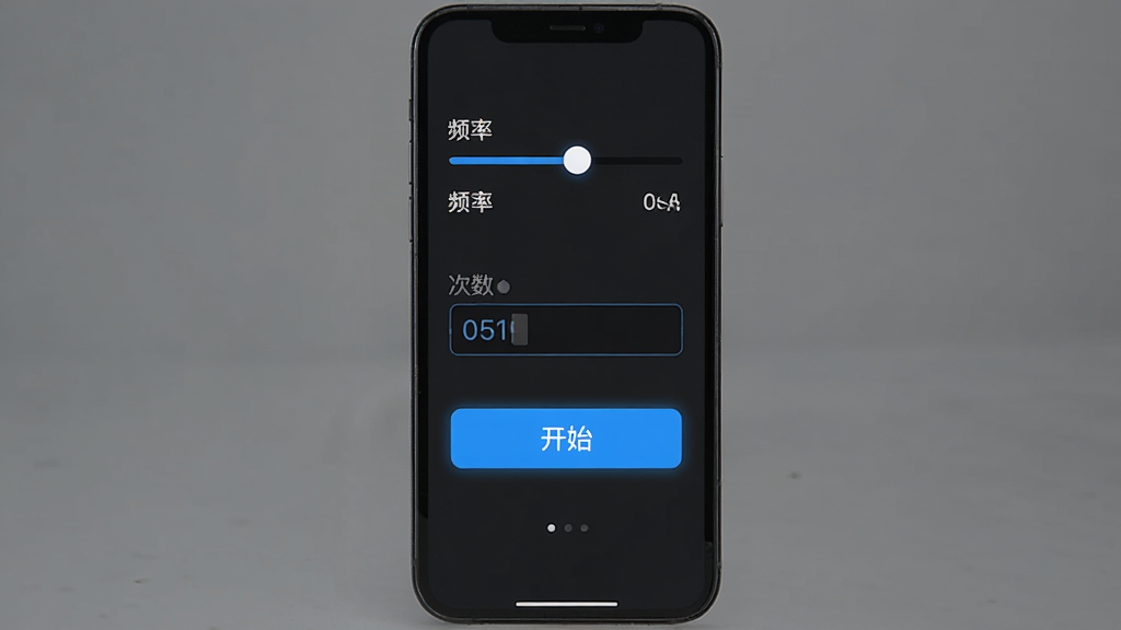 光速连点器软件界面截图,主体为手机屏幕居中展示,布局上方为频率设置滑块,中部为次数输入框和开始按钮,排版简洁清晰,风格为现代科技感深色主题,细节包含蓝色高亮按钮和数值显示,画质高清干净无多余元素