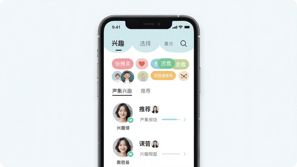 ������Ȥƥ�书�ܽ��棬����Ϊ�ֻ���Ļ����ʾ��Ȥ��ǩѡ�����Ƽ��û��б�������Ϊ���½ṹ���Ű����룬���Ϊ���µ�����ɫ��ϸ�ڰ��������ɫ��Ȥ��ǩ���û�ͷ�񣬻����������ɾ����޶���Ԫ��