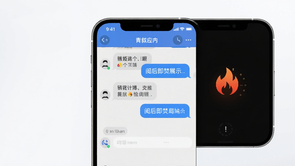 青叙应用内聊天与阅后即焚功能展示,主体为手机屏幕显示聊天界面和倒计时销毁效果,布局居中,排版清晰,风格简约科技感,细节包含消息气泡和火焰图标,画质高清,干净,无多余元素