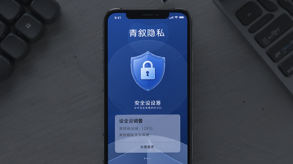 青叙隐私安全保护界面,主体为手机屏幕显示安全设置与加密图标,布局居中,排版简洁,风格沉稳蓝色调,细节包含盾牌和锁形图案,画质高清,干净,无多余元素