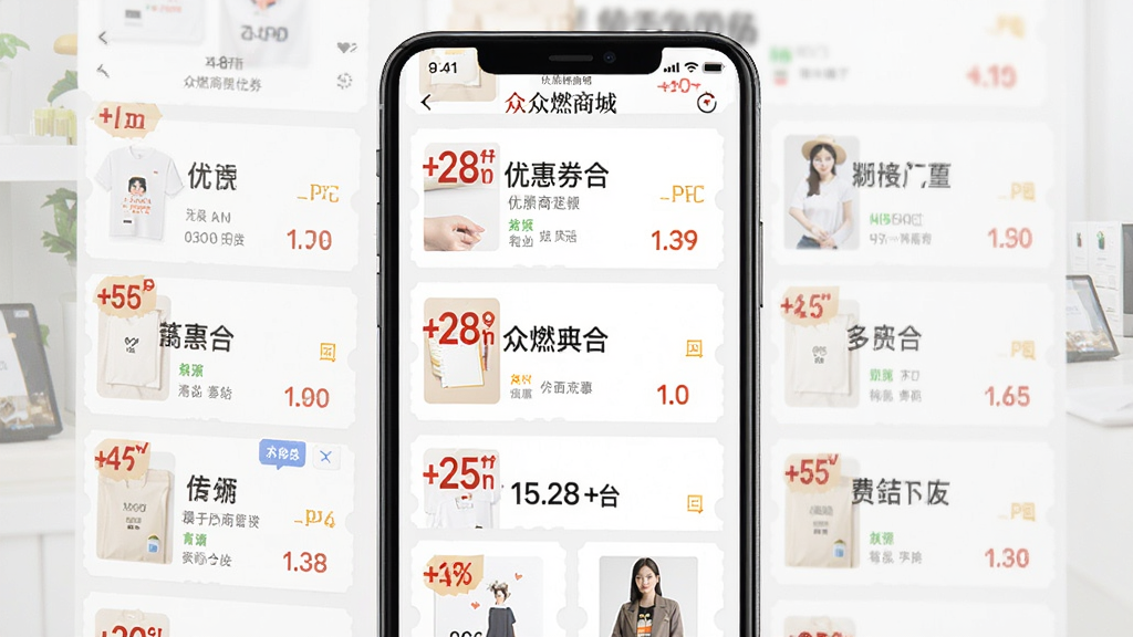 众燃商城优惠券聚合页面展示多张优惠券卡片,主体为手机界面,布局为网格排列,排版整齐,风格清新浅色,细节包含折扣标签与商品图,画质清晰,干净,无多余元素